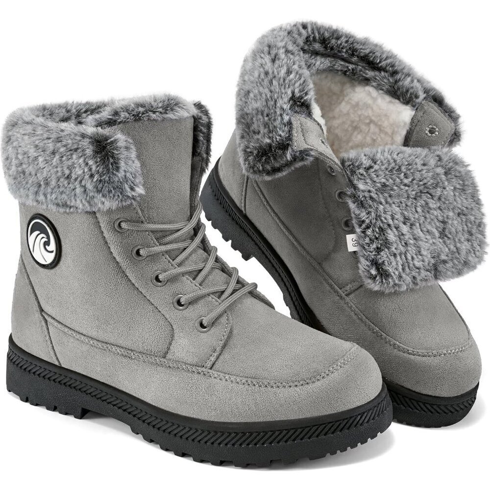 Women’s Grey Warm Fur Lined Ankle Booties Lace Up Slip-On Outdoor Boots